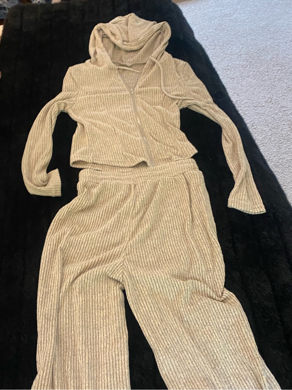 Beige Ribbed Two-Piece Lounge Set - Hoodie & Wide Leg Pants